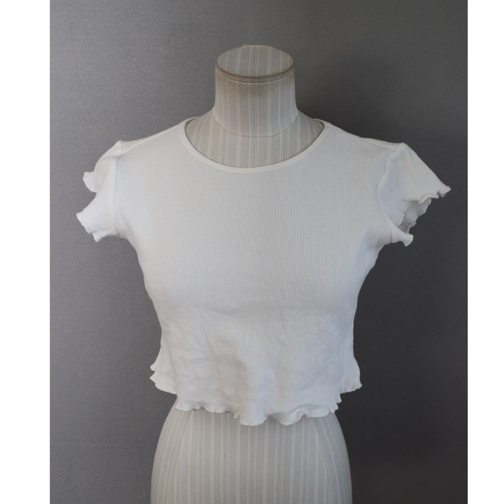 Miou Muse Crop Top S White Ribbed Lettuce Edge Short Sleeve Womens Baby Tee